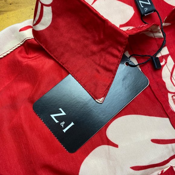 NWT Z & I floral button front collar shirt top red beige tan nude long sleeve M - Picture 6 of 12